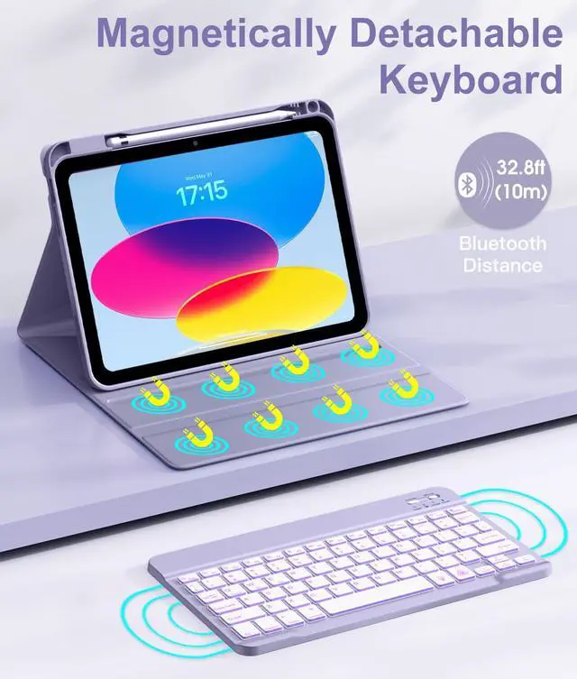 Alt view image 4 of 5 - Hamile iPad 10th Generation Case with Keyboard 10.9 Inch - 7 Colors Backlit Wireless Detachable Folio Keyboard Cover with Pencil Holder for New iPad 10th Gen 2022 (Lavender)