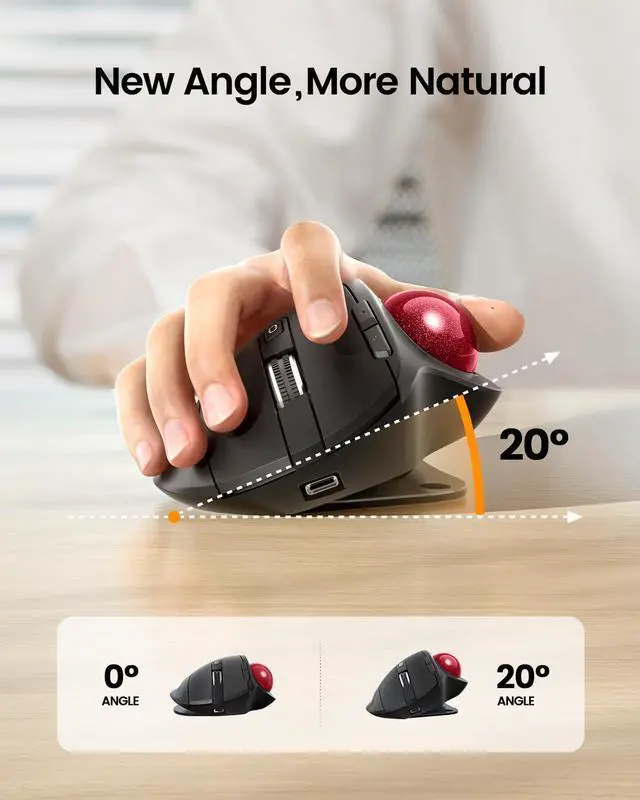 Alt view image 2 of 5 - ProtoArc Wireless Trackball Mouse, EM01 NL Ergonomic Bluetooth Rollerball Thumb Rechargeable Computer Laptop Mouse, Adjustable Angle & 3 Device Connection for PC, Mac, Windows-Red Ball
