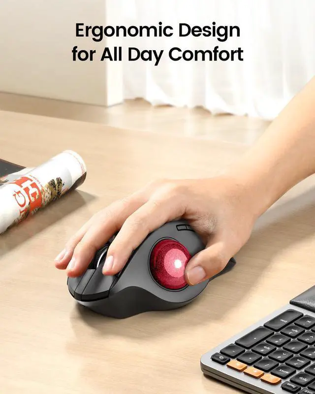 Alt view image 3 of 5 - ProtoArc Wireless Trackball Mouse, EM01 NL Ergonomic Bluetooth Rollerball Thumb Rechargeable Computer Laptop Mouse, Adjustable Angle & 3 Device Connection for PC, Mac, Windows-Red Ball