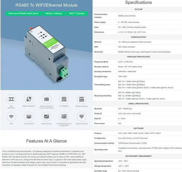 Alt view image 2 of 5 - RS485 to W-i-F--i/Ethernet Module Rail-Mount Serial Server Modbus MQTT Gateway, Allow RS485 to W-i-F--i, RS485 to Ethernet, Ethernet to W-i-F--i Converter Module, Support Transparent Transmission Mode
