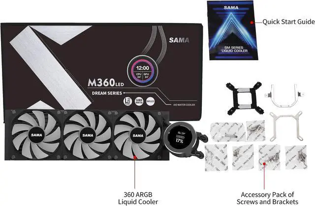 Alt view image 5 of 5 - SAMA SM360 Black Adjustable Liquid Cooler LCD Display Screen with 3x120mm Addressable ARGB PWM Silent Fan 360mm AIO Radiator