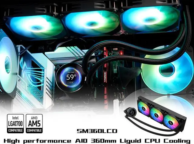 Alt view image 2 of 5 - SAMA SM360 Black Adjustable Liquid Cooler LCD Display Screen with 3x120mm Addressable ARGB PWM Silent Fan 360mm AIO Radiator