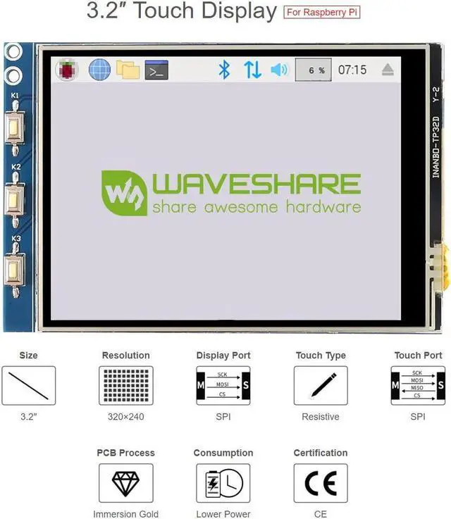 Alt view image 2 of 5 - Waveshare 3.2inch Resistive Touch Display Compatible with Raspberry Pi 4B/3B+/3B/2B/B+/A+/Zero/Zero W/WH/Zero 2W Series Boards 320×240 Resolution SPI