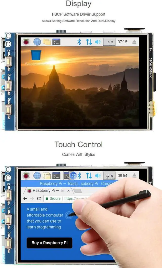 Alt view image 4 of 5 - Waveshare 3.2inch Resistive Touch Display Compatible with Raspberry Pi 4B/3B+/3B/2B/B+/A+/Zero/Zero W/WH/Zero 2W Series Boards 320×240 Resolution SPI