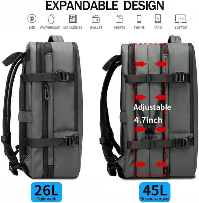 Alt view image 4 of 5 - BANGE 45L Carry-on Backpack, Expandable Travel Backpacks for Airplanes,Convertible Weekend Backpack Briefcase for Traveling,Water Resistant College 17.3 Laptop Backpack for Men & Women