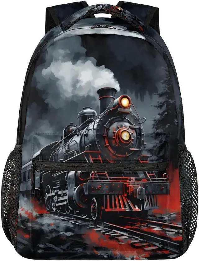 Alt view image 4 of 5 - Bardic Vintage Train Kids Backpack for Boys Girls, 16 Inch School Backpack Locomotive Train Elementary School Bag Students Bookbags Travel Laptop Backpacks Casual Daypack