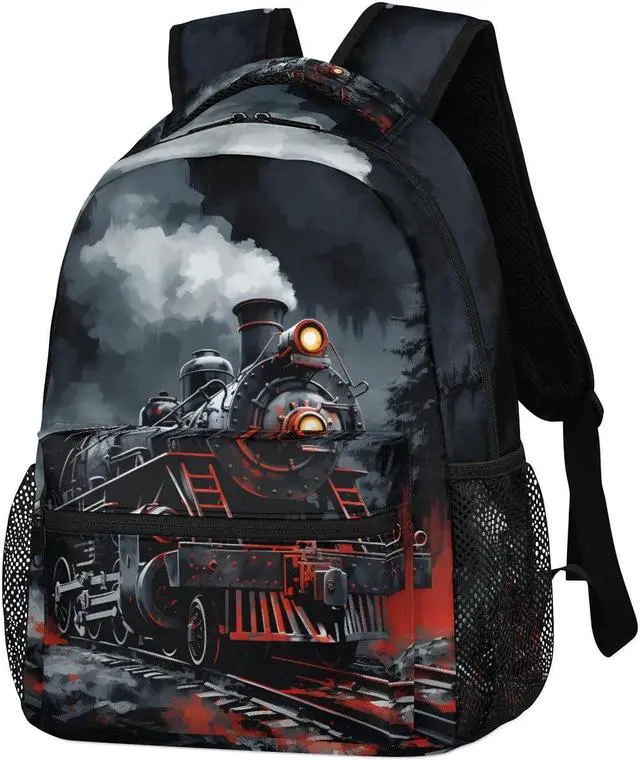 Alt view image 3 of 5 - Bardic Vintage Train Kids Backpack for Boys Girls, 16 Inch School Backpack Locomotive Train Elementary School Bag Students Bookbags Travel Laptop Backpacks Casual Daypack