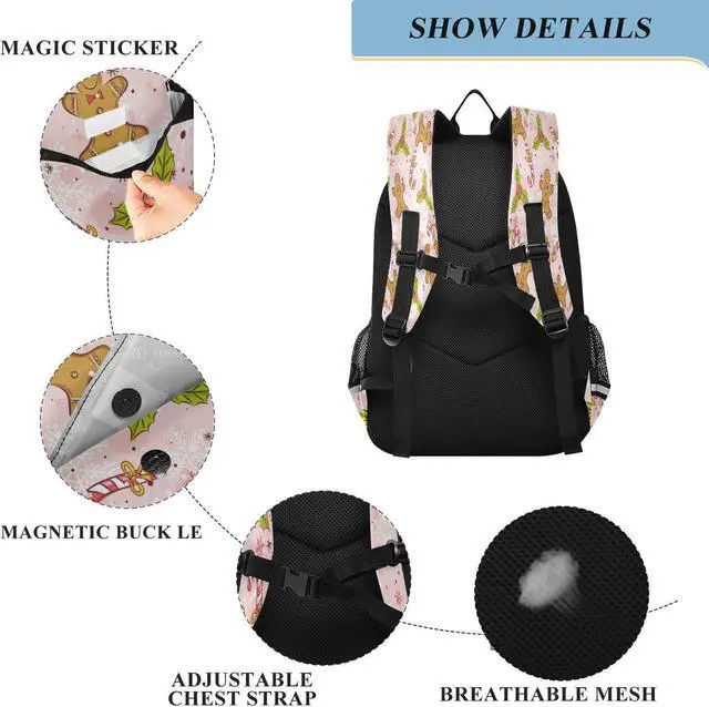 Alt view image 3 of 5 - BOESI Christmas Gingerbread and Snowflakes laptop backpack travel work backpack multifunctional adjustable shoulder straps suitable for work, travel, leisure for both men and women 17.7"