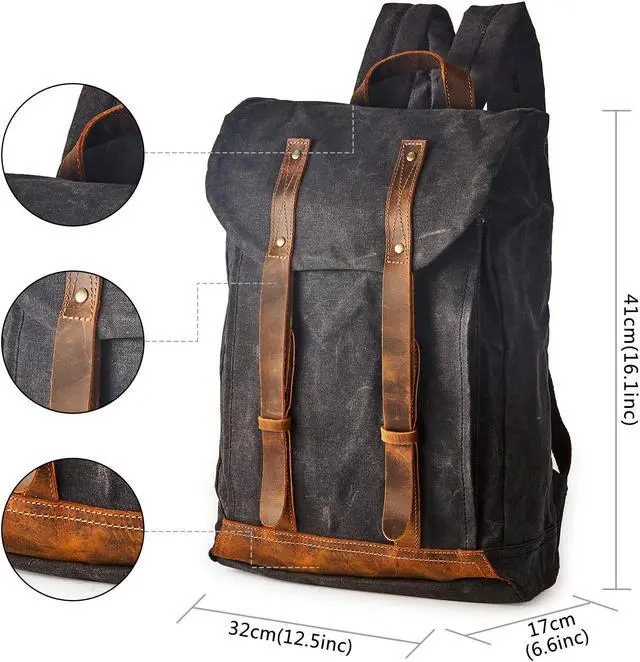 Alt view image 2 of 5 - BRASS TACKS Leathercraft Waterproof Waxed Canvas Shoulder Rucksack Backpack for Men Women Casual Large 15.6 inch laptop Bookbag Grey