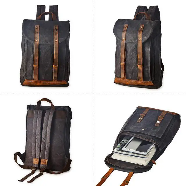 Alt view image 3 of 5 - BRASS TACKS Leathercraft Waterproof Waxed Canvas Shoulder Rucksack Backpack for Men Women Casual Large 15.6 inch laptop Bookbag Grey