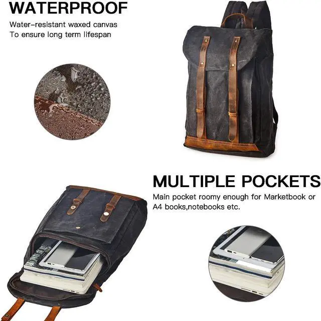 Alt view image 5 of 5 - BRASS TACKS Leathercraft Waterproof Waxed Canvas Shoulder Rucksack Backpack for Men Women Casual Large 15.6 inch laptop Bookbag Grey