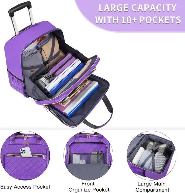 Alt view image 4 of 5 - Ytonet Rolling Briefcase for Women, 17.3 Inch Large Rolling Laptop Bag with Wheels, Water Resistant Stylish Overnight Computer Bag for Work Travel College Business Wife Mom Teacher, Purple