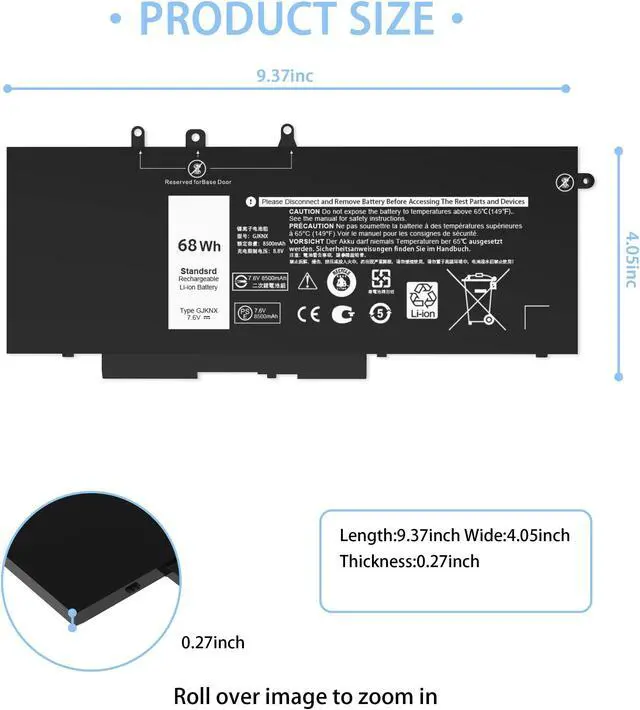Alt view image 2 of 5 - 68WH GJKNX Battery Replacement for Dell Latitude 5480 5580 5280 5288 5488 5590 5591 5490 5491 5495 E5480 E5580 E5490 E5590 Precision 15 3520 3530 Series GD1JP DY9NT 5YHR4 451-BBZG 7.6V 4-Cell