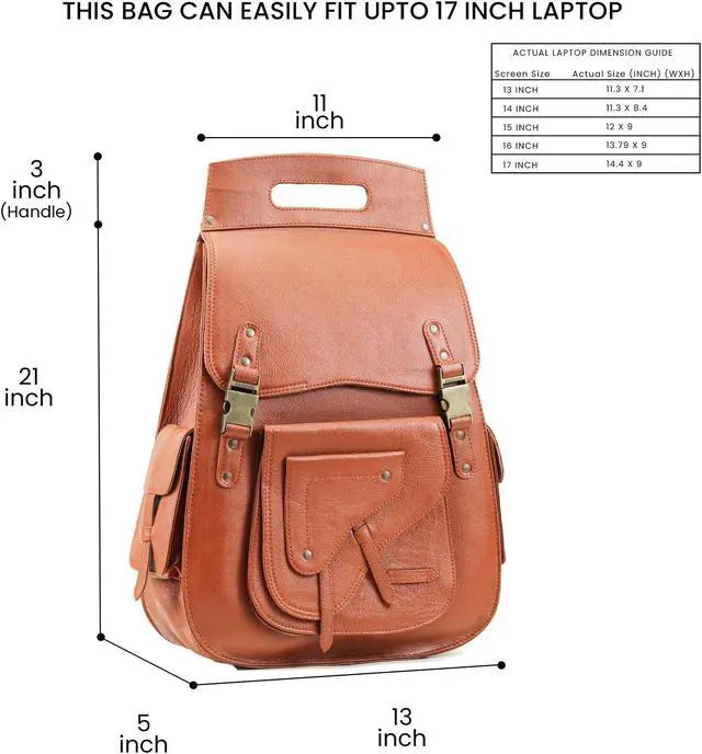Alt view image 2 of 5 - Handmade World Full Grain 18 Inch Leather Laptop Large Backpack Casual Bookbag Daypack Camping Travel Rucksack Knapsack (Tan Brown)