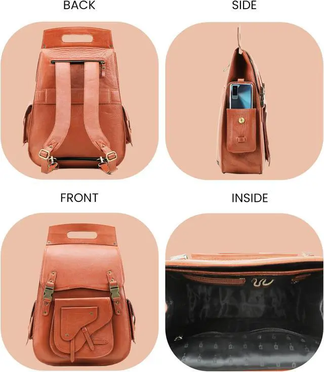 Alt view image 4 of 5 - Handmade World Full Grain 18 Inch Leather Laptop Large Backpack Casual Bookbag Daypack Camping Travel Rucksack Knapsack (Tan Brown)