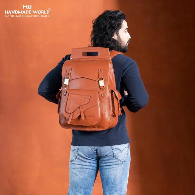 Alt view image 3 of 5 - Handmade World Full Grain 18 Inch Leather Laptop Large Backpack Casual Bookbag Daypack Camping Travel Rucksack Knapsack (Tan Brown)