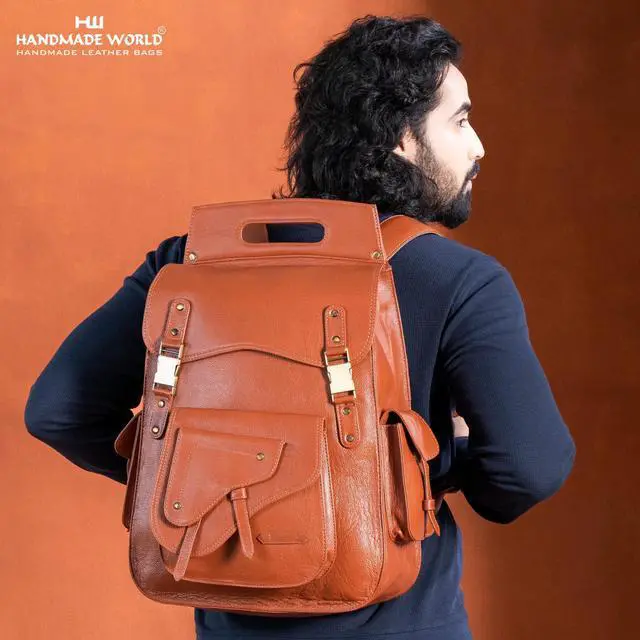 Alt view image 5 of 5 - Handmade World Full Grain 18 Inch Leather Laptop Large Backpack Casual Bookbag Daypack Camping Travel Rucksack Knapsack (Tan Brown)