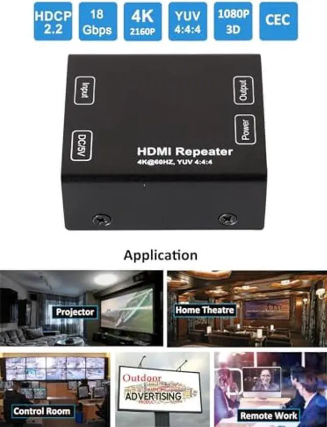 Alt view image 2 of 5 - DTECH HDMI Signal Amplifier Booster Repeater 4K 60Hz YUV 444 18Gbps 1080P HDCP 2.2 CEC 3D 4K2K Extender Boost up to 164 Feet Compatible with VR TV Box Blu-ray Player HDTV Monitor Projector