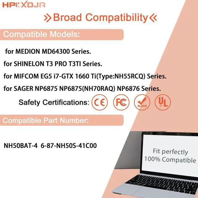 Alt view image 5 of 5 - NH50BAT-4 Laptop Battery Compatible with PROSTAR Clevo NH50RA NH55RCQ NH50ED NH70RAQ NH57RA NH57RC HASEE Thunderobot 911ME CT7NA G7-CT7NK G8-CT7NT Z7-CT7VH Gigabyte A5 X1 A7 X1S Sager G58R G70R