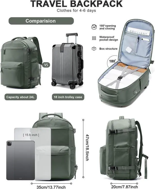Alt view image 2 of 5 - Large Travel Backpack For Women Men,Mochila de Viaje,Carry On Backpack with USB Charging Port & Shoe Pouch,Airline Approved Personal Item Travel Bag,Waterproof Luggage Backpack(Green)