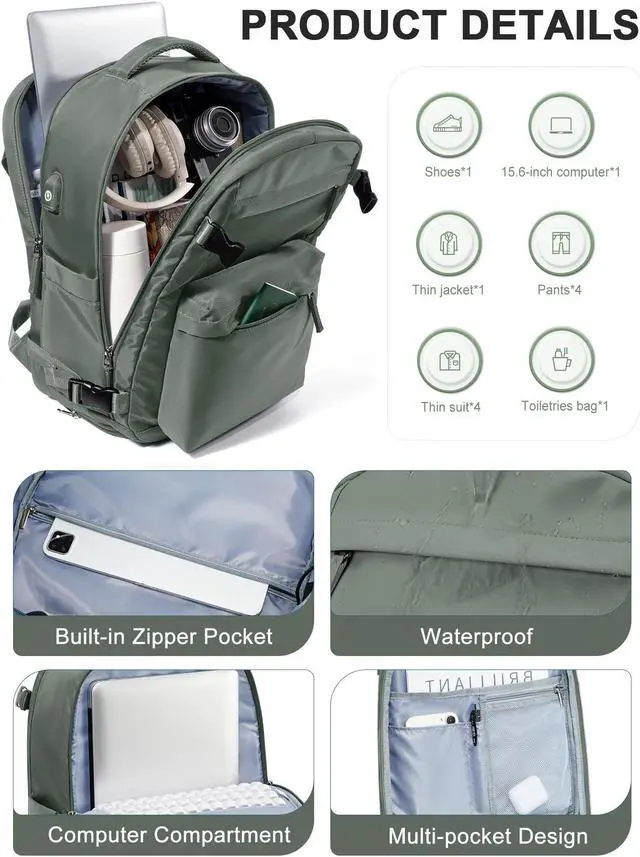 Alt view image 3 of 5 - Large Travel Backpack For Women Men,Mochila de Viaje,Carry On Backpack with USB Charging Port & Shoe Pouch,Airline Approved Personal Item Travel Bag,Waterproof Luggage Backpack(Green)