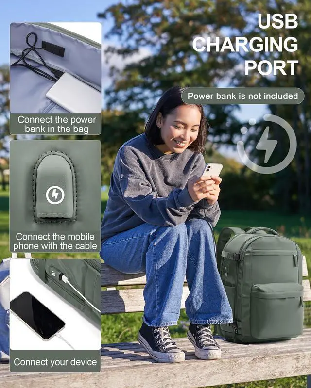Alt view image 4 of 5 - Large Travel Backpack For Women Men,Mochila de Viaje,Carry On Backpack with USB Charging Port & Shoe Pouch,Airline Approved Personal Item Travel Bag,Waterproof Luggage Backpack(Green)