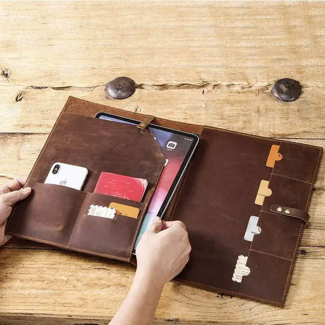 Alt view image 2 of 5 - Leather Sleeve for iPad Pro 12.9" with Pencil Holder & Card Holder - Handmade from Genuine Leather (Cover, Bag, Case, Protection)