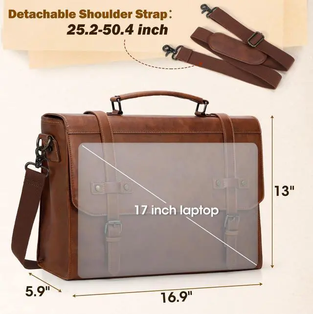 Alt view image 2 of 5 - RAINSMORE Mens Messenger Bag 17 Inch Waterproof Vintage Leather Laptop Briefcase Large Laptop Bag Satchel Bag Computer Shoulder Bag for Office Business Travel College,Brown