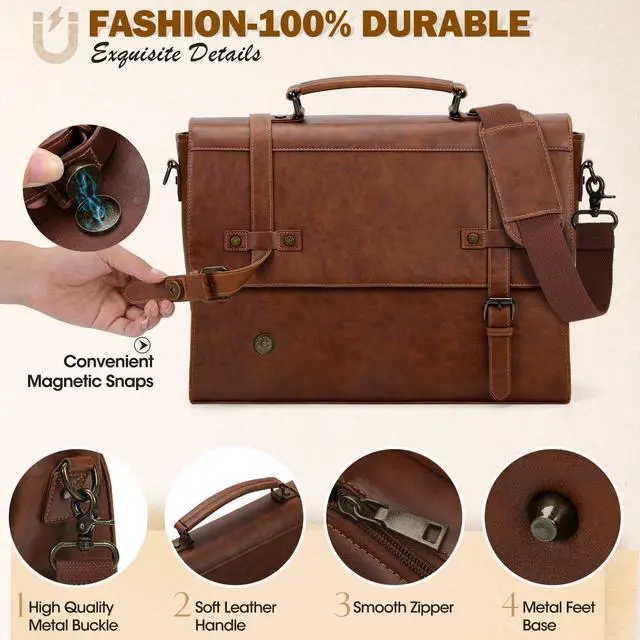 Alt view image 5 of 5 - RAINSMORE Mens Messenger Bag 17 Inch Waterproof Vintage Leather Laptop Briefcase Large Laptop Bag Satchel Bag Computer Shoulder Bag for Office Business Travel College,Brown