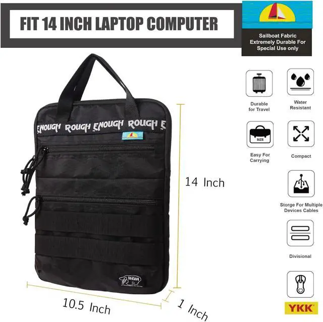 Alt view image 3 of 5 - Rough Enough 14 Inch Laptop Sleeve Case Bag Tactical with Dual Compartments Luggage Strap Handle Weather Resistant for Travel Outdoor adventures Black