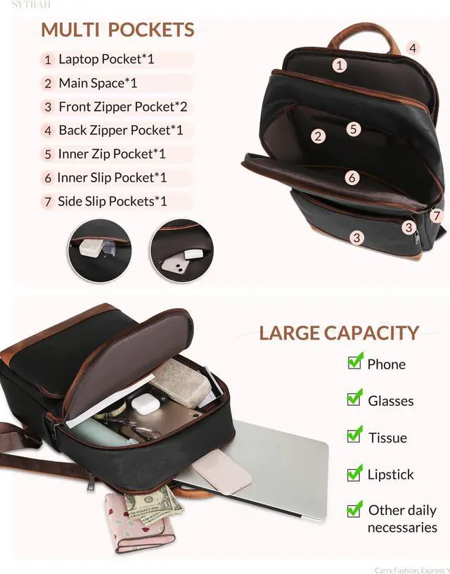 Alt view image 2 of 5 - SYTRAH Leather Backpack for Women, Vintage 15.6 inch Laptop Backpack Purse for Women, College Casual Backpack Ladies Computer Backpack for Travel Business Work Black Brown