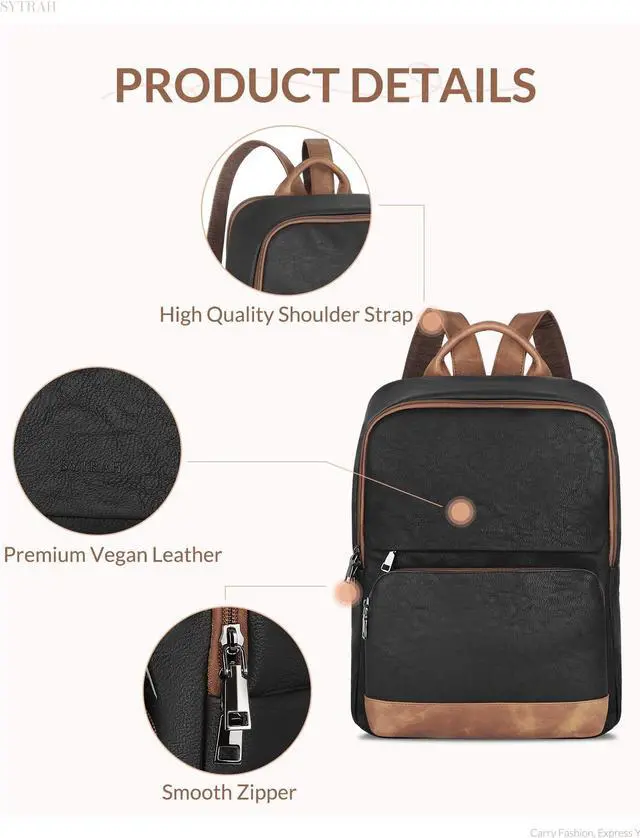 Alt view image 3 of 5 - SYTRAH Leather Backpack for Women, Vintage 15.6 inch Laptop Backpack Purse for Women, College Casual Backpack Ladies Computer Backpack for Travel Business Work Black Brown