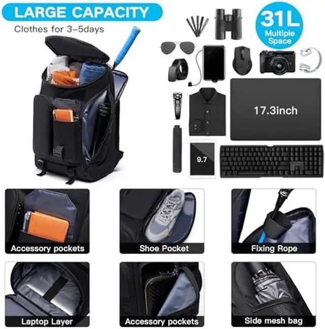 Alt view image 2 of 5 - TANGCORLE 30L Carry on Travel Backpack for Men Women, Multi-Pocket Business Work Backpack Fit 17.3inch Laptop,Daily Sport Gym Tennis Badminton Backpack with Shoe Compartment