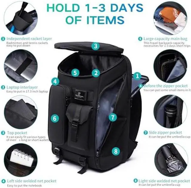 Alt view image 3 of 5 - TANGCORLE 30L Carry on Travel Backpack for Men Women, Multi-Pocket Business Work Backpack Fit 17.3inch Laptop,Daily Sport Gym Tennis Badminton Backpack with Shoe Compartment
