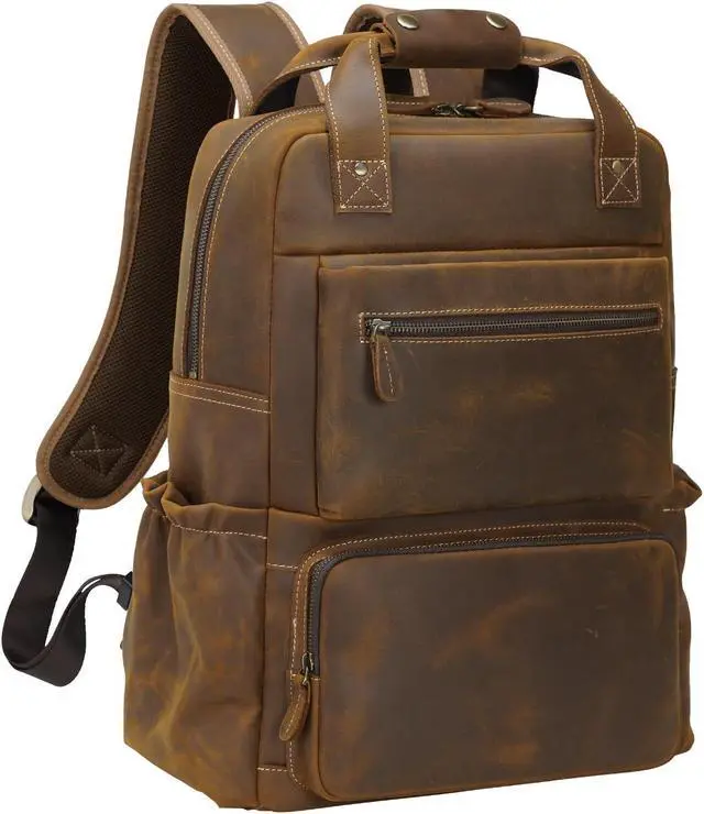 Main image of TIDING Men's Vintage Genuine Leather Backpack 17 Inch Laptop Computer Bag Business Travel Rucksack Brown