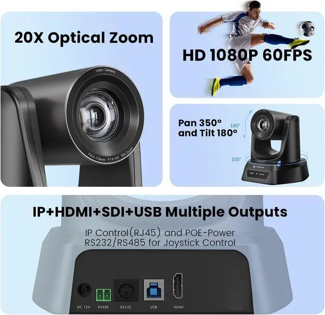 Alt view image 2 of 5 - TONGVEO 20X Optical Zoom PTZ Camera HDMI IP Live Streaming SDI USB3.0 1080P 60fps PoE Supports for Church Services Worship Education Video Conference with OBS vMix Wirecast Zoom Teams and More