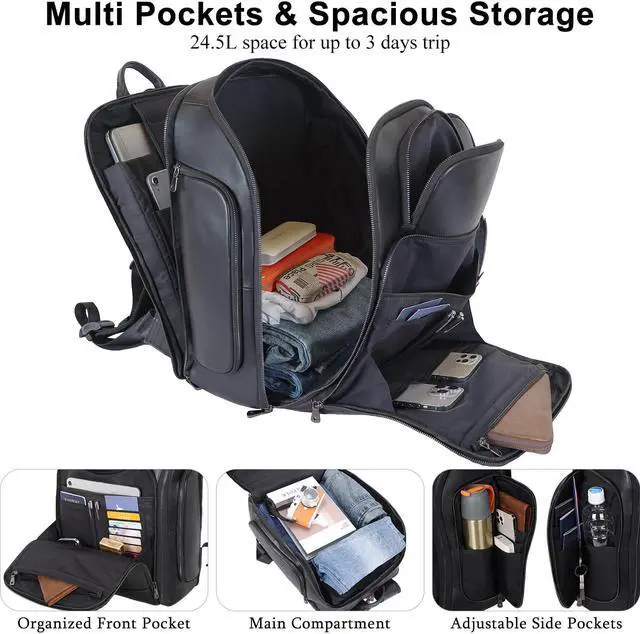 Alt view image 4 of 5 - TIDING Men's Genuine Leather 17.3 Inch Laptop Backpack Overnight Weekender Daypack 24.5L Travel Rucksack_X-large