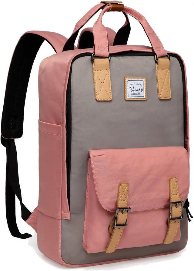 Main image of VASCHY School Backpack for Men and Women, Unisex Vintage Water Resistant Casual Daypack Rucksack Bookbag for College Fits 15inch Laptop Backpack Pink