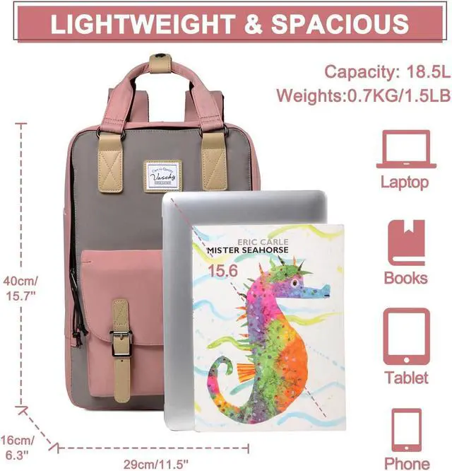 Alt view image 2 of 5 - VASCHY School Backpack for Men and Women, Unisex Vintage Water Resistant Casual Daypack Rucksack Bookbag for College Fits 15inch Laptop Backpack Pink