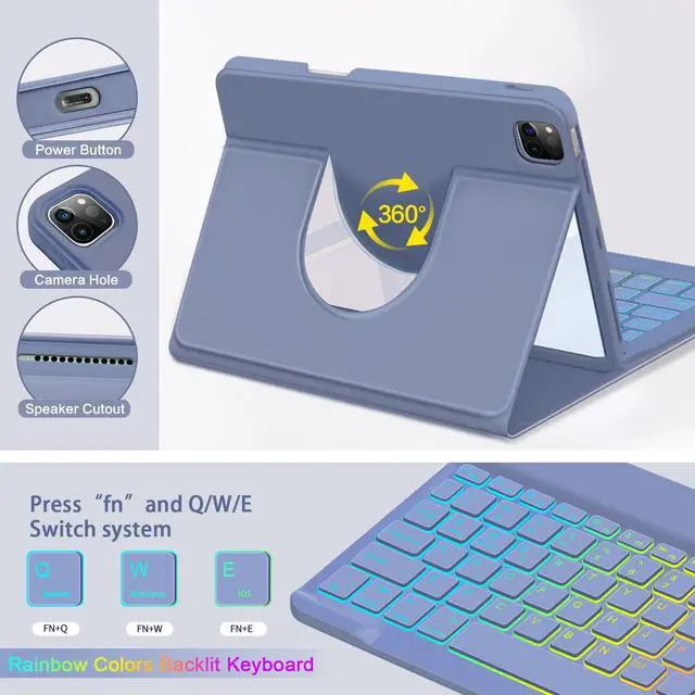 Alt view image 4 of 5 - VOWUBO Keyboard Case for iPad Air 6th Gen 11-inch (M2),Magic Detachable Rotating, iPad Air 5th/4th Gen, iPad Pro 11 inch Case with Wireless Keyboard Colourful Backlit, Built-in Pen Holder, Purple