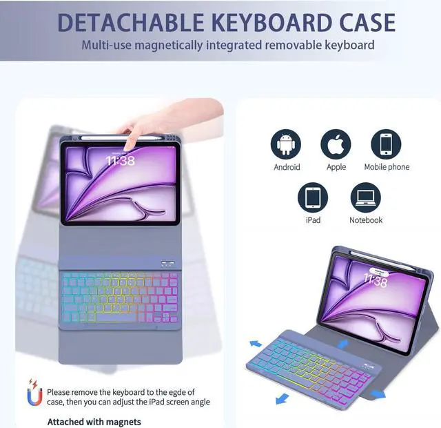 Alt view image 3 of 5 - VOWUBO Keyboard Case for iPad Air 6th Gen 11-inch (M2),Magic Detachable Rotating, iPad Air 5th/4th Gen, iPad Pro 11 inch Case with Wireless Keyboard Colourful Backlit, Built-in Pen Holder, Purple