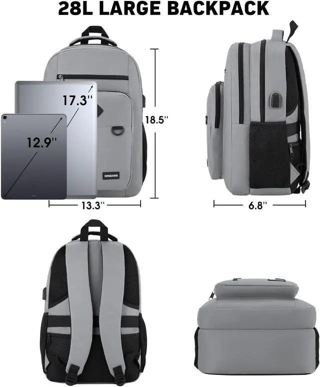 Alt view image 4 of 5 - WINDARS Backpack for Men and Women, Casual School Backpack Teen Boys and Girls Lightweight 17.3 Inch Laptop Bookbag with USB Charger for College Work Travel (Dark Gray)