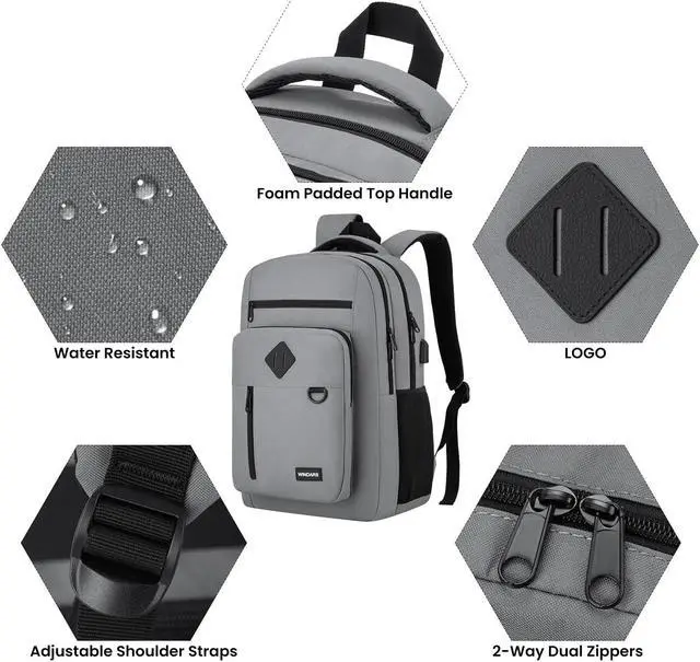 Alt view image 3 of 5 - WINDARS Backpack for Men and Women, Casual School Backpack Teen Boys and Girls Lightweight 17.3 Inch Laptop Bookbag with USB Charger for College Work Travel (Dark Gray)