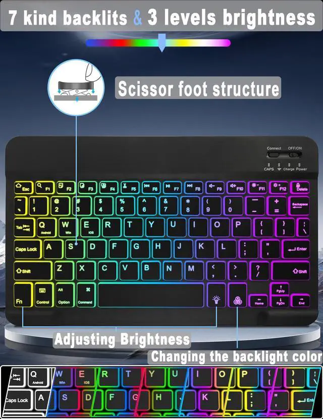 Alt view image 2 of 5 - XCHYTECHER Universal Tablet Keyboard Case for 9.7",10.1",10.2",10.5",10.9",11" Tablets, 7 Color Rainbow Backlit Removable Keypad with Pen Holder for Android 10.1 inch Tablet (Black)