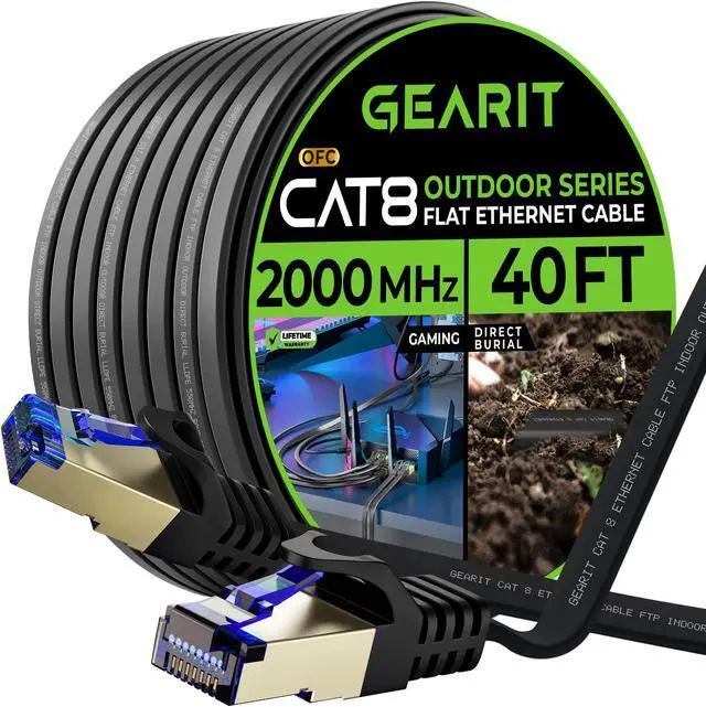 Main image of GEARit Cat 8 Outdoor Flat Ethernet Cable (40ft, Black) Direct Burial Rated LLDPE Jacket - Indoor Cat8 Shielded FTP 2000Mhz 40Gbps High Speed Gaming Computer Network RJ45 Snagless Patch Cord Internet