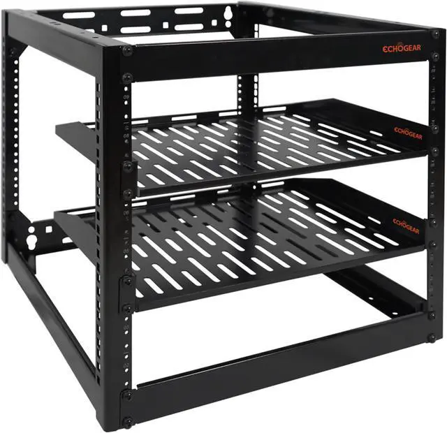 Main image of ECHOGEAR 10U Network Rack - Wall Mountable Heavy Duty 4 Post Design Holds All Your Networking & AV Gear - Open Frame Design Includes 2 1U Vented Shelves & Mounting Hardware