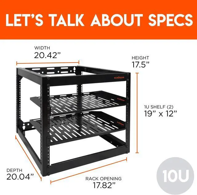Alt view image 5 of 5 - ECHOGEAR 10U Network Rack - Wall Mountable Heavy Duty 4 Post Design Holds All Your Networking & AV Gear - Open Frame Design Includes 2 1U Vented Shelves & Mounting Hardware
