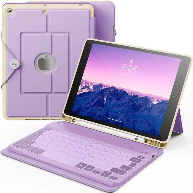 Main image of INFILAND for iPad 9th Generation Case with Keyboard 10.2 Inch iPad 9th/8th/7th Gen, Folio Cover with Pencil Holder, 7-Color Backlight, Detachable Wireless Keyboard Case for Apple iPad, Lilac Purple