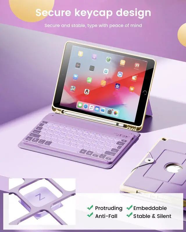Alt view image 3 of 5 - INFILAND for iPad 9th Generation Case with Keyboard 10.2 Inch iPad 9th/8th/7th Gen, Folio Cover with Pencil Holder, 7-Color Backlight, Detachable Wireless Keyboard Case for Apple iPad, Lilac Purple