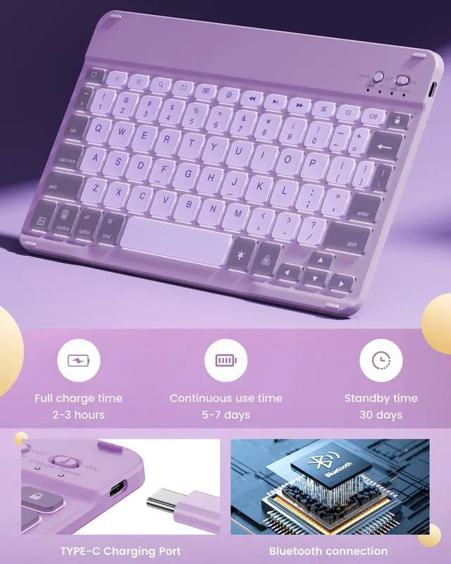 Alt view image 4 of 5 - INFILAND for iPad 9th Generation Case with Keyboard 10.2 Inch iPad 9th/8th/7th Gen, Folio Cover with Pencil Holder, 7-Color Backlight, Detachable Wireless Keyboard Case for Apple iPad, Lilac Purple